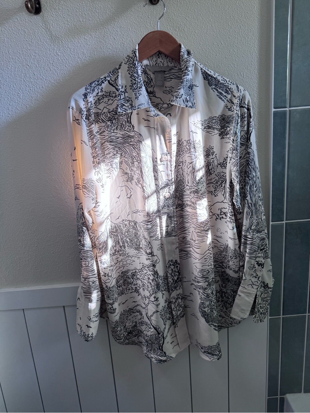 H&M Oversized Button-Down Shirt with Cream & Black Scenic Print